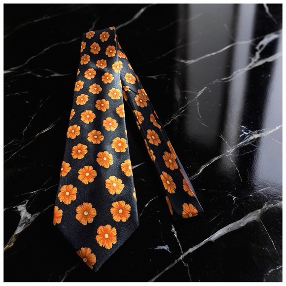 Bijan Black Silk Floral Tie - Orange Daisy Print | Statement Luxury Neckwear - Picture 6 of 15
